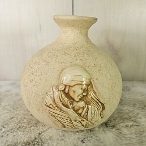 Native American Mother Child Baby Round Pottery Art Vase Leone Kuhne Earthtones